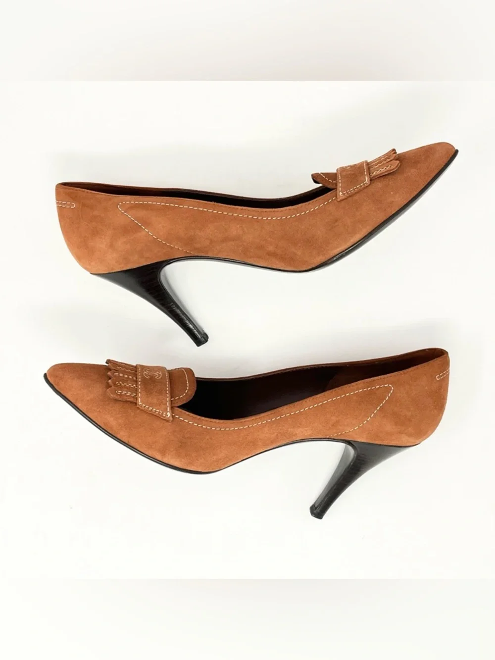 Chanel CC Logo Suede Leather Fringe High Heels Pumps Shoes Brown Tan 37 7 6.5